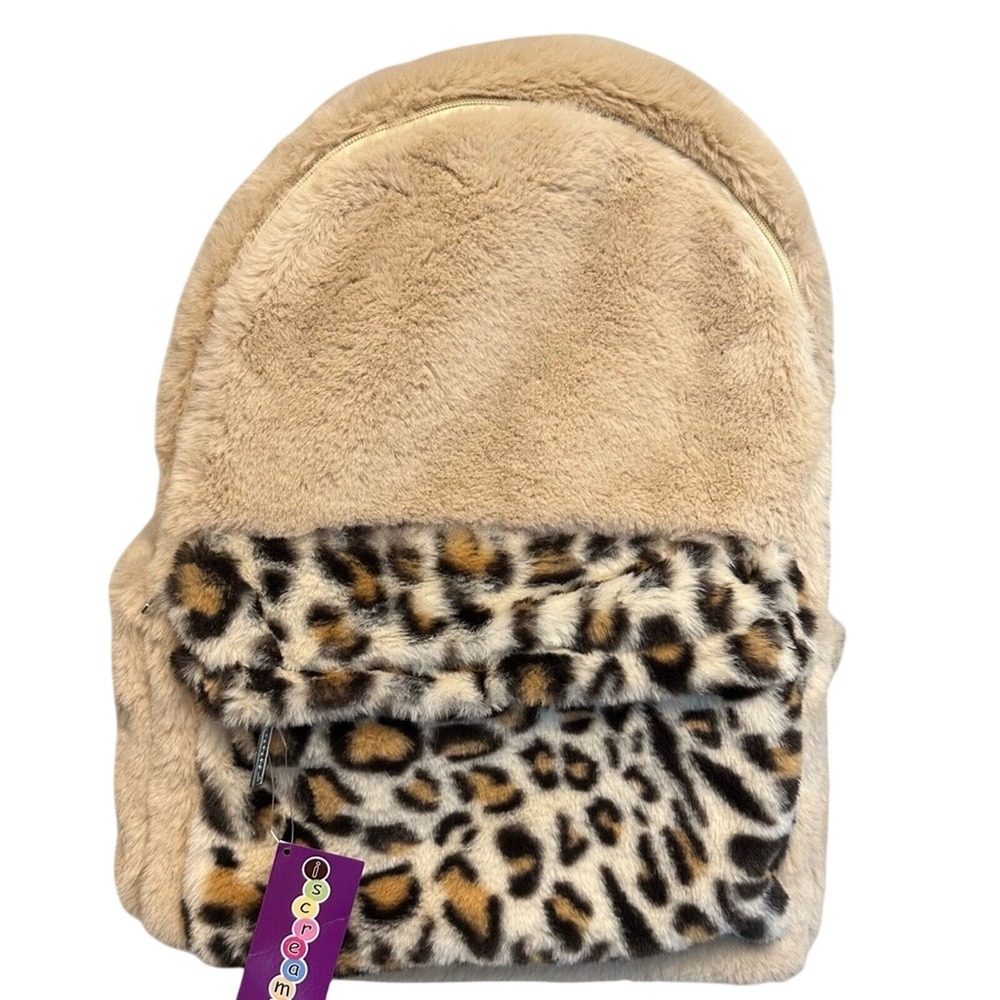 Iscream 16 In Furry Fun Backpack Tan Animal‎ Print Pockets Soft Fuzzy Fur Viral